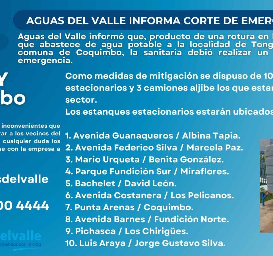 Aguas del Valle informa corte de emergencia en Tongoy